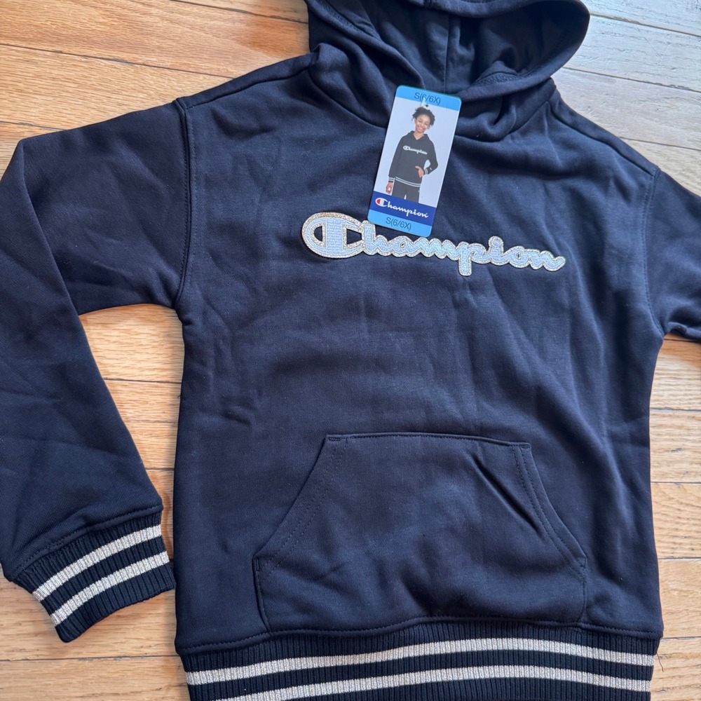 Champion Girls Black Logo Fleece Hoodie Glitter Script Sweatshirt S 6/6X
